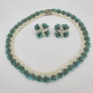 Vintage 1950s Aqua Sequin Necklace & Earrings Set